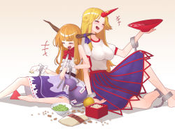 Rule 34 | +++, 2girls, arm up, barefoot, beans, blonde hair, blue skirt, blunt bangs, bow, bowl, bowtie, breasts, buttons, center frills, chain, charng a, commentary request, cuffs, cup, drunk, frills, gourd, gradient background, hair bow, highres, holding, holding cup, horn ornament, horn ribbon, horns, hoshiguma yuugi, ibuki suika, lace, lace-trimmed skirt, lace trim, large breasts, laughing, long hair, low-tied long hair, multiple girls, oni, oni horns, open mouth, orange hair, orb, pink background, puffy short sleeves, puffy sleeves, purple skirt, red bow, red bowtie, red horns, ribbon, ribbon-trimmed skirt, ribbon trim, sakazuki, setsubun, shackles, shirt, short sleeves, sidelocks, single horn, sitting, skirt, sleeveless, sleeveless shirt, torn clothes, torn sleeves, touhou, triangle, white shirt, wrist cuffs