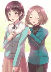 Rule 34 | 10s, 2girls, artist request, black shirt, blush, braid, brown hair, closed eyes, cosplay, costume switch, embarrassed, eyebrows hidden by hair, facing another, facing viewer, green jacket, hand up, hands on another&#039;s shoulders, hands on shoulders, hands up, happy, heart, height difference, jacket, long sleeves, looking at viewer, multiple girls, niijima makoto, okumura haru, open mouth, persona, persona 5, red eyes, shirt, short hair, smile, standing, sweat, sweatdrop, tongue, yuri