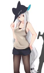 Rule 34 | 1girl, arknights, bad id, bad pixiv id, bare arms, bare shoulders, black hat, black shorts, breasts, brown pantyhose, brown tank top, closed mouth, collarbone, commentary, grey hair, hair between eyes, hair ornament, hand on headwear, hand on own hip, hand up, hat, highres, inniyik, long hair, looking at viewer, medium breasts, pantyhose, pantyhose under shorts, red eyes, short shorts, shorts, simple background, skadi (arknights), solo, tank top, very long hair, white background