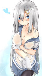 Rule 34 | 10s, 1girl, absurdres, alternate hair length, alternate hairstyle, bare shoulders, blue eyes, blush, breast hold, breasts, cleavage, clothes lift, female focus, gloves, hair ornament, hairclip, hamakaze (kancolle), highres, kantai collection, large breasts, long hair, looking at viewer, off shoulder, pantyhose, saku (kudrove), school uniform, serafuku, silver hair, skirt, skirt lift, solo, very long hair, wet, wet clothes, white gloves