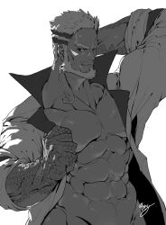 Rule 34 | 1boy, abs, aegir (housamo), anchor earrings, arm behind head, bara, bare pectorals, beard, bottomless, cowboy shot, earrings, facial hair, fins, greyscale, groin, highres, jewelry, kimidori (dera kimidori), large pectorals, male focus, mature male, monochrome, multicolored hair, muscular, muscular male, naked shirt, navel, nipples, open clothes, open shirt, pectorals, shirt, single earring, sleeves rolled up, smile, solo, stomach, streaked hair, tokyo houkago summoners