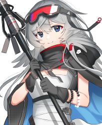 Rule 34 | 1girl, absurdres, arknights, bead bracelet, beads, black gloves, blue cape, blue eyes, bracelet, cape, closed mouth, commentary, gloves, goggles, goggles on head, highres, holding, holding staff, jewelry, k@bu, long hair, looking at viewer, mulberry (arknights), silver hair, simple background, sleeveless, smile, solo, staff, upper body, white background