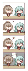Rule 34 | 2girls, 4koma, :d, = =, ?, blush, brown jacket, collared shirt, comic, commentary request, cup, drink, drinking, drinking glass, drinking straw, green eyes, hair between eyes, hair ornament, high ponytail, highres, holding, holding cup, holding drinking glass, jacket, kantai collection, komakoma (magicaltale), kumano (kancolle), light brown hair, long hair, long sleeves, multiple girls, musical note, open mouth, ponytail, quaver, school uniform, shirt, smile, suzuya (kancolle), sweatdrop, translation request, turn pale, very long hair, white shirt, | |, || ||