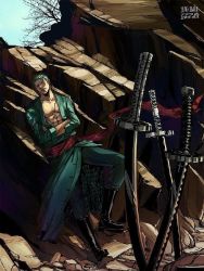 Rule 34 | 1boy, boots, crossed arms, field of blades, full body, green hair, haramaki, leaning, male focus, one eye closed, one piece, open clothes, open shirt, outdoors, robe, rock, roronoa zoro, sash, scar, shirt, sky, solo, standing, sword, tree, weapon, wind, from below