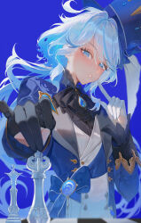 Rule 34 | 1girl, absurdres, ascot, blue eyes, blue hair, blue hat, blue jacket, blush, breasts, brooch, buttons, chess piece, furina (genshin impact), genshin impact, gloves, hat, highres, jacket, jewelry, light blue hair, long hair, long sleeves, looking at viewer, multicolored hair, open clothes, open jacket, open mouth, sash, shei99, shirt, small breasts, solo, streaked hair, swept bangs, top hat, white hair, white shirt