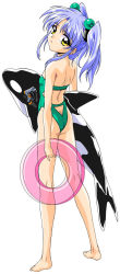 Rule 34 | 1girl, ass, back, backless outfit, bare shoulders, blue hair, butt crack, casual one-piece swimsuit, flat ass, hoshino ruri, inflatable orca, inflatable toy, innertube, kidou senkan nadesico, long hair, looking back, one-piece swimsuit, orca, simple background, solo, swim ring, swimsuit, twintails, whale, yellow eyes