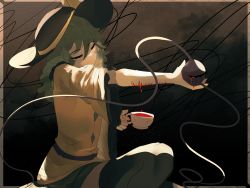 Rule 34 | 1girl, black hat, black thighhighs, blood, blood drip, bloody tears, blouse, closed eyes, closed mouth, cup, eyeball, feet out of frame, green hair, green skirt, grey background, hair between eyes, hat, hat ribbon, highres, holding, holding cup, komeiji koishi, limited palette, long sleeves, medium hair, naufaldreamer, ribbon, self-harm, shirt, skirt, smile, solo, thighhighs, third eye, touhou, wide sleeves, wrist cutting, yellow ribbon, yellow shirt