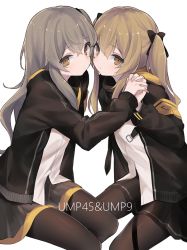 Rule 34 | 2girls, black jacket, black skirt, blush, brown eyes, brown hair, brown legwear, brown skirt, character name, closed mouth, commentary, girls&#039; frontline, hair between eyes, holding hands, interlocked fingers, jacket, light brown hair, long hair, long sleeves, looking at viewer, mimelond, multiple girls, open clothes, open jacket, pantyhose, parted lips, pleated skirt, shirt, simple background, skirt, ump45 (girls&#039; frontline), ump9 (girls&#039; frontline), very long hair, white background, white shirt