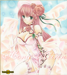 Rule 34 | 1girl, artist name, beret, blush, braid, breasts, character name, china dress, chinese clothes, cleavage, cleavage cutout, clothing cutout, dress, elbow gloves, flower, gloves, green eyes, hair flower, hair ornament, hat, hong meiling, large breasts, long hair, looking at viewer, petals, pink dress, pink gloves, pink hat, pink thighhighs, red flower, red hair, red rose, rose, shawl, side braid, side slit, smile, solo, tamagoboro, thighhighs, touhou, traditional media, twin braids