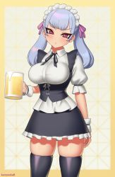 Rule 34 | 1girl, alcohol, artist name, beer, beer mug, black clover, black ribbon, black thighhighs, black vest, blue hair, blunt bangs, breasts, closed mouth, collared shirt, commission, cowboy shot, cup, dress, frilled dress, frills, hair ribbon, holding, holding cup, kuroonehalf, large breasts, light blue hair, long hair, looking at viewer, maid headdress, mug, neck ribbon, noelle silva, pink ribbon, puffy short sleeves, puffy sleeves, purple eyes, ribbon, shirt, short sleeves, silver hair, skindentation, solo, standing, thighhighs, twintails, vest, waitress, wrist cuffs, yellow background