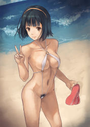 Rule 34 | 1girl, beach, black hair, breasts, brown eyes, cleavage, female pubic hair, hairband, holding, holding shoes, idolmaster, idolmaster (classic), looking at viewer, moderate pubic hair, mole, mole under mouth, navel, o-ring, o-ring swimsuit, ocean, one-piece swimsuit, otonashi kotori, outdoors, pubic hair, sandals, shoes, short hair, slingshot swimsuit, smile, solo, swimsuit, v, water, white one-piece swimsuit, yuzawa