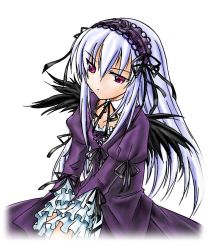 Rule 34 | 00s, 1girl, black wings, dress, gothic lolita, hair between eyes, headdress, highres, lolita fashion, purple eyes, rozen maiden, silver hair, simple background, solo, suigintou, white background, wings