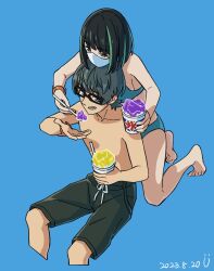 Rule 34 | 1boy, 1girl, bikini, black hair, blue background, blue eyes, breasts, couple, eating, food, glasses, green hair, gridman universe, gridman universe (film), hassu, hetero, ice cream, mask, medium breasts, mouth mask, multicolored hair, official alternate costume, open mouth, pisto1star, short hair, simple background, ssss.gridman, surgical mask, swimsuit, utsumi shou