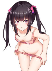 Rule 34 | 10s, 1girl, black hair, blush, bra, breasts, chestnut mouth, collarbone, commentary request, etan14, hair ribbon, highres, leaning forward, long hair, looking at viewer, medium breasts, navel, open mouth, panties, panty pull, pink bra, pink panties, pink ribbon, pulling own clothes, purple eyes, ribbon, senki zesshou symphogear, sidelocks, simple background, solo, standing, stomach, tsukuyomi shirabe, twintails, underwear, underwear only, white background