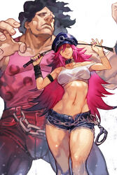 Rule 34 | 1boy, 1girl, abs, belt, black choker, black hair, breasts, chain, choker, crop top, cuffs, denim, denim shorts, elbow gloves, final fight, gloves, handcuffs, hat, holding, holding riding crop, holding whip, hugo andore, hungry clicker, large breasts, long hair, micro shorts, midriff, muscular, muscular male, navel, night, peaked cap, pink hair, pink shirt, poison (final fight), riding crop, shirt, shorts, standing, street fighter, tank top, whip