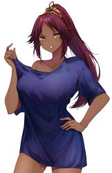 Rule 34 | 1girl, bleach, blue shirt, breasts, clothes pull, collarbone, contrapposto, cowboy shot, dark-skinned female, dark skin, hand on own hip, highres, large breasts, long hair, looking at viewer, off shoulder, parted bangs, parted lips, ponytail, purple hair, shihouin yoruichi, shirt, shirt pull, sidelocks, single bare shoulder, smile, solo, t-shirt, thighs, tsukichan (maynyan23), white background, yellow eyes
