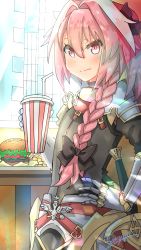 Rule 34 | 1boy, astolfo (fate), bendy straw, black bow, black shirt, black skirt, blouse, blue sky, blush, bow, braid, buckle, burger, closed mouth, commentary request, contemporary, cup, day, disposable cup, drinking straw, fang, fang out, fast food, fate/apocrypha, fate (series), food, french fries, gold trim, gorget, hair between eyes, hair bow, hair intakes, hair over shoulder, hand on own hip, holding, lettuce, long braid, long hair, long sleeves, looking at viewer, male focus, miniskirt, multicolored hair, parted bangs, pencil skirt, petite, pink eyes, pink hair, puffy long sleeves, puffy sleeves, sakurai kouji, sheath, sheathed, shirt, signature, single braid, skin fang, skirt, sky, solo, standing, streaked hair, sunlight, sword, trap, turtleneck, two-tone hair, upper body, weapon, white hair