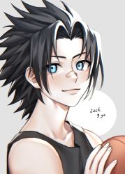 Rule 34 | 1boy, absurdres, aged down, ball, bandaid, bandaid on face, bandaid on nose, bare shoulders, black shirt, blue eyes, character name, child, final fantasy, final fantasy vii, grey background, hair slicked back, highres, holding, holding ball, looking at viewer, male focus, montaro, parted bangs, shirt, short hair, smile, solo, spiked hair, tank top, upper body, zack fair