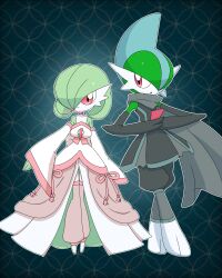 Rule 34 | 1boy, 1girl, absurdres, arms at sides, artist name, bare shoulders, barefoot, black gloves, black pants, blue background, blue hair, bob cut, choker, closed mouth, clothing cutout, colored skin, creatures (company), crossed legs, dress, elbow gloves, flat chest, gallade, game freak, gardevoir, gen 3 pokemon, gen 4 pokemon, gloves, green hair, green skin, grey scarf, hair over one eye, hands up, happy, highres, leg warmers, long sleeves, looking at another, looking at viewer, looking to the side, meru (mer milky77), mohawk, multicolored hair, multicolored skin, ninja, nintendo, one eye covered, outline, own hands together, pants, pink choker, pink dress, pokemon, pokemon (creature), puffy pants, red eyes, scarf, short hair, signature, sleeveless, smile, twitter username, two-tone hair, two-tone skin, white outline, white skin, wide sleeves