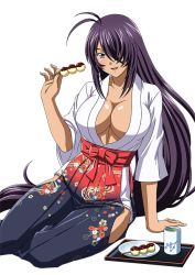 Rule 34 | 00s, 1girl, black hair, breasts, cleavage, dango, female focus, food, hair over one eye, hakama, hakama skirt, ikkitousen, japanese clothes, kan&#039;u unchou, large breasts, long hair, looking at viewer, official art, open clothes, open shirt, rin-sin, shirt, simple background, sitting, skirt, smile, solo, wagashi, white background, white shirt