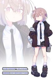 Rule 34 | 1girl, ahoge, backpack, bag, black necktie, black skirt, breasts, brown jacket, character name, closed mouth, collared shirt, ear protection, full body, girls&#039; frontline, grey hair, hand in pocket, hand on own hip, hexaa, highres, jacket, long hair, long sleeves, looking at viewer, m200 (girls&#039; frontline), necktie, open clothes, open jacket, pleated skirt, ponytail, purple eyes, shirt, shoes, skirt, small breasts, socks, solo, white bag, white shirt, white socks