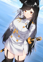 Rule 34 | 1girl, absurdres, animal ears, atago (azur lane), azur lane, black hair, blue sky, blush, breasts, brown eyes, closed mouth, cloud, day, dy kai, garter straps, gloves, hair ribbon, hand up, highres, katana, large breasts, long hair, looking at viewer, military, military uniform, mole, mole under eye, ocean, ribbon, sky, smile, solo, standing, sword, thighhighs, uniform, weapon, white gloves, white ribbon