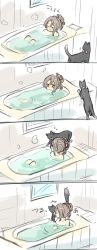 Rule 34 | 10s, 2girls, 4koma, absurdres, bad id, bad twitter id, bathing, bathtub, blush, bow, brown eyes, brown hair, cat, collarbone, comic, female focus, gloom (expression), hair between eyes, heart, highres, hinata hibari, indoors, kantai collection, looking at another, multiple girls, nose blush, open mouth, partially submerged, pink bow, ponytail, profile, shouhou (kancolle), sitting, sketch, standing, ^^^, water, window, zuihou (kancolle)