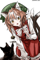 1girl absurdres animal_ear_fluff animal_ear_piercing animal_ears black_cat brown_eyes brown_hair cat cat_ears cat_tail cat_teaser chen commentary_request d: dot_nose earrings fingernails frills hair_between_eyes hand_up hat highres holding_cat_teaser jewelry leaning_forward light_blush long_fingernails long_sleeves looking_at_another mob_cap multiple_tails nail_polish nekomata open_mouth playing red_nails red_skirt red_vest sharp_fingernails short_hair_with_long_locks simple_background single_earring skirt skirt_set slit_pupils solo tail touhou two_tails ve1024 vest white_background