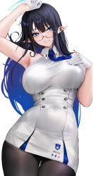 Rule 34 | 1girl, arm up, armpits, bare shoulders, black hair, black pantyhose, blue archive, blue eyes, blue necktie, blush, breasts, chela77, colored inner hair, cowboy shot, dress, glasses, gloves, halo, highres, large breasts, long hair, looking at viewer, multicolored hair, necktie, pantyhose, parted lips, pointy ears, rin (blue archive), short dress, simple background, sleeveless, sleeveless dress, smile, solo, standing, two-tone hair, very long hair, white background, white dress, white gloves, wing collar