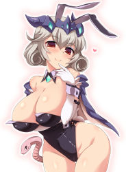 Rule 34 | 1girl, animal ears, arm under breasts, bare shoulders, black bow, black ribbon, blush, bow, breast hold, breasts, cameltoe, capelet, character request, cleavage, commentary request, copyright request, covered navel, cowboy shot, curly hair, detached collar, elbow gloves, fake animal ears, fake tail, finger to mouth, gem, gloves, groin, hair between eyes, hand up, headgear, heart, highres, horns, large breasts, leotard, looking at viewer, playboy bunny, rabbit ears, rabbit tail, red eyes, ribbon, short hair, silver hair, simple background, smile, snake, strapless, strapless leotard, tail, white background, white gloves, wrist cuffs, yoshi tama