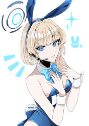 1girl alternate_hair_length alternate_hairstyle animal_ear_hairband animal_ears blonde_hair blue_archive blue_bow blue_bowtie blue_eyes blue_halo blue_leotard bow bowtie braid breasts commentary_request crown_braid detached_collar earpiece fake_animal_ears from_above hair_bow hair_intakes hairband halo highres leotard long_hair looking_at_viewer medium_breasts microphone notice_lines pasta_bar415 playboy_bunny portrait rabbit_ear_hairband rabbit_ears short_hair simple_background solo strapless strapless_leotard toki_(blue_archive) toki_(bunny)_(blue_archive) white_background