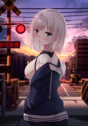 Rule 34 | 1girl, blue eyes, blush, breasts, check commentary, commentary, commentary request, hands in pockets, highres, looking at viewer, looking back, medium breasts, original, outdoors, parted bangs, railroad crossing, short hair, silver hair, solo, standing, sunset, touhourh
