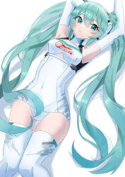 Rule 34 | 1girl, absurdres, amaama (beccyonaika1), aqua eyes, aqua hair, arm behind head, armpits, arms up, breasts, commentary, covered navel, elbow gloves, gloves, goodsmile racing, hair between eyes, hatsune miku, headphones, highres, leotard, long hair, medium breasts, navel, open mouth, race queen, racing miku, racing miku (2014), solo, thighhighs, thighs, twintails, vocaloid, white background, white gloves, zettai ryouiki