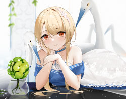 Rule 34 | 1girl, azur lane, bare shoulders, bird, blonde hair, blue choker, blue dress, blurry, blurry background, cheek rest, choker, closed mouth, commentary request, dress, flower, hair flower, hair ornament, hand on own face, highres, juneau (azur lane), juneau (in the swan garden) (azur lane), looking at viewer, lying, off-shoulder dress, off shoulder, official alternate costume, on stomach, orange eyes, petals, plant, potted plant, qing wu, reflective floor, short hair with long locks, sidelocks, smile, solo, strapless, strapless dress, swan, swept bangs, two-tone dress, white bird