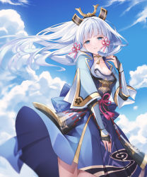 Rule 34 | 1girl, arm guards, armor, armored dress, ayaka (genshin impact), blue eyes, blue sky, blunt bangs, blunt tresses, breastplate, breasts, bridal gauntlets, cleavage, clothes lift, cloud, cloudy sky, cowboy shot, day, dress, dress lift, floating hair, flower knot, genshin impact, hair ornament, hair ribbon, hand up, highres, japanese clothes, jewelry, light blush, long hair, looking at viewer, lunacle, medium breasts, mole, mole under eye, outdoors, parted lips, ponytail, ribbon, ring, skirt, sky, solo, tassel choker, tress ribbon, white hair, wide sleeves, wind, wind lift