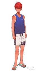 Rule 34 | 1boy, absurdres, aged down, aqua footwear, arms at sides, bare arms, bare shoulders, clenched hands, flip-flops, full body, highres, looking at viewer, male focus, open mouth, sakuragi hanamichi, sandals, short hair, shorts, simple background, slam dunk (series), sleeveless, solo, standing, tan, tank top, tanline, u-min, white background, white shorts