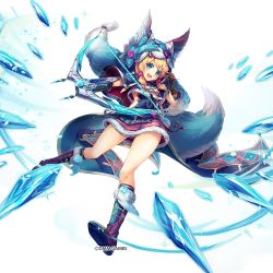 Rule 34 | 1girl, animal hood, blonde hair, blue eyes, boots, bow (weapon), commentary request, copyright name, crossbow, dress, elbow gloves, fang, full body, fur trim, gloves, holding, holding weapon, hood, ice, kamihime project, knee boots, looking at viewer, official art, open mouth, short dress, short hair, simple background, smile, solo, weapon, white background