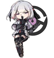 Rule 34 | 1girl, absurdres, black gloves, black shorts, blueblossom, chibi, commentary, finger to mouth, full body, girls&#039; frontline, gloves, grey hair, highres, jacket, looking at viewer, purple eyes, rpk-16 (girls&#039; frontline), short hair, shorts, shushing, simple background, smile, solo, thighhighs, white background