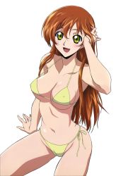 Rule 34 | 1girl, :d, adjusting hair, arm up, bikini, blush, breasts, brown hair, code geass, female focus, gloves, green eyes, hair between eyes, hand on head, happy, highres, large breasts, long hair, looking at viewer, navel, nipples, official art, open mouth, shirley fenette, simple background, single vertical stripe, sitting, smile, solo, spread legs, swim cap, swimsuit, thighs, third-party edit, wet, wet hair, wide hips