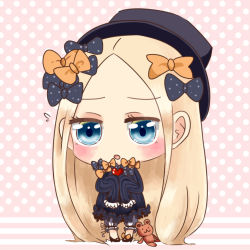 Rule 34 | 1girl, :o, abigail williams (fate), absurdly long hair, black bow, black dress, black footwear, black hat, blonde hair, bloomers, blue eyes, blush, bow, bug, butterfly, chibi, commentary request, dress, fate/grand order, fate (series), flying sweatdrops, forehead, hair bow, hat, heart, high heels, holding, holding heart, insect, long hair, long sleeves, looking at viewer, manasuke, mary janes, orange bow, parted bangs, parted lips, pigeon-toed, polka dot, polka dot background, polka dot bow, shoes, sleeves past fingers, sleeves past wrists, solo, standing, striped, striped background, stuffed animal, stuffed toy, teddy bear, underwear, very long hair, white bloomers