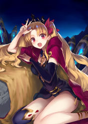 Rule 34 | 1girl, :d, arm up, asymmetrical legwear, birdcage, black dress, black thighhighs, blonde hair, blush, bow, breasts, cage, cape, commentary request, detached sleeves, dress, earrings, ereshkigal (fate), fate/grand order, fate (series), hair bow, head tilt, highres, infinity symbol, jazztaki, jewelry, long hair, long sleeves, looking at viewer, medium breasts, night, night sky, open mouth, outdoors, parted bangs, purple cape, red bow, red eyes, single detached sleeve, single thighhigh, sitting, skull, sky, smile, solo, spine, thighhighs, tiara, tohsaka rin, two side up, uneven legwear, v, very long hair