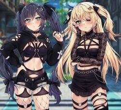 Rule 34 | 2girls, absurdres, alternate costume, arm cutout, arm under breasts, belt, black bow, black hair, black nails, black shorts, black skirt, blonde hair, blue eyes, blush, bow, bracelet, breasts, choker, cleavage cutout, clothing cutout, cross, earrings, eyepatch, fischl (genshin impact), fishnets, garter belt, garter straps, genshin impact, goth fashion, green eyes, hair bow, hair ornament, hairclip, hand on own hip, hand on own face, heart, heart o-ring, highres, jewelry, looking at viewer, medium breasts, midriff, miniskirt, mona (genshin impact), multiple girls, nail polish, navel, navel piercing, necklace, piercing, ring, short shorts, short twintails, shorts, skirt, spiked bracelet, spiked choker, spikes, string pull, thigh strap, thighhighs, torn clothes, torn shorts, twintails, vitaminechan