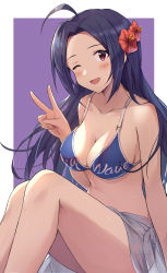 Rule 34 | 1girl, ;d, absurdres, ahoge, bikini, blue bikini, blue hair, breasts, flower, hair flower, hair ornament, highres, idolmaster, large breasts, long hair, looking at viewer, miura azusa, one eye closed, open mouth, pink eyes, purple background, shuucream (syuichi), sitting, smile, solo, swimsuit, thighs, two-tone background, v, white background