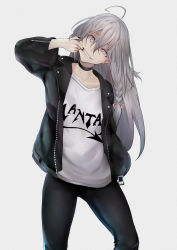 Rule 34 | 1girl, ahoge, arms behind back, bad id, bad pixiv id, belt, bow, braid, choker, contrapposto, fang, finger in own mouth, fingernails, gobi (jtnyrwbkohiqsuldg), grey background, grey eyes, grey hair, hair bow, head tilt, highres, hoshi syoko, idolmaster, idolmaster cinderella girls, jacket, leather, leather jacket, leather pants, long fingernails, long hair, looking at viewer, mouth pull, open belt, pants, side braid, solo, standing, uneven eyes, unzipped