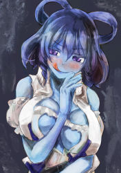 Rule 34 | 1girl, alternate skin color, blue background, blue hair, blue skin, blush, breasts, colored skin, hair rings, kaku seiga, large breasts, licking lips, looking at viewer, naughty face, purple eyes, smile, solo, tongue, tongue out, touhou, upper body, v-shaped eyebrows, vest, yohane