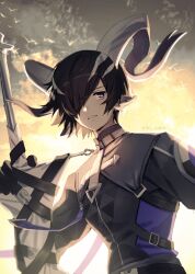 Rule 34 | 1boy, absurdres, animal ears, arknights, artist name, backlighting, bird, black gloves, black hair, cloud, cloudy sky, commentary, commentary request, edo-sama, evening, gloves, goat boy, goat ears, goat horns, hair over one eye, highres, holding, holding weapon, horns, lessing (arknights), long sleeves, male focus, purple eyes, short hair, sky, solo, sword, upper body, weapon