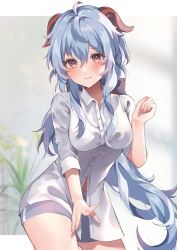 Rule 34 | 1girl, alternate costume, blue hair, blurry, blurry background, blush, breasts, closed mouth, collared shirt, cowboy shot, dress shirt, ganyu (genshin impact), genshin impact, goat horns, gradient eyes, hair between eyes, hand up, highres, horns, large breasts, letterboxed, long hair, looking at viewer, multicolored eyes, partially unbuttoned, purple eyes, raised eyebrows, rim (ririm711), shirt, short shorts, shorts, sidelocks, sleeves rolled up, solo, thighs, white shirt