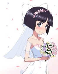 Rule 34 | 1girl, armband, bare shoulders, black eyes, black hair, blunt bangs, blush, bob cut, bouquet, bow, bridal veil, closed mouth, commentary, dress, flower, frilled armband, frills, girls und panzer, hair bow, hair flower, hair ornament, holding, holding bouquet, kayabakoro, looking at viewer, one-hour drawing challenge, petals, revision, see-through, short hair, smile, solo, sono midoriko, standing, strapless, strapless dress, veil, wedding dress, white background, white bow, white dress