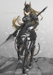 Rule 34 | 1girl, animal ears, armor, black armor, black jacket, blonde hair, breasts, centaur, closed mouth, commentary request, english text, faulds, floating hair, full body, gloves, grey background, highres, holding, holding lance, holding polearm, holding weapon, horse ears, jacket, lance, light particles, long hair, long sleeves, mask, medium breasts, monster girl, multiple legs, original, polearm, ponytail, running, sarasadou dan, shadow, shin guards, shoulder armor, sidelocks, simple background, solo, tail, taur, underbust, weapon, white gloves
