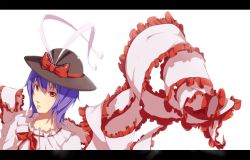 Rule 34 | 1girl, bow, bowtie, female focus, frills, letterboxed, long sleeves, nagae iku, purple hair, red bow, red bowtie, red eyes, short hair, simple background, solo, sousou (sousouworks), touhou, upper body, white background